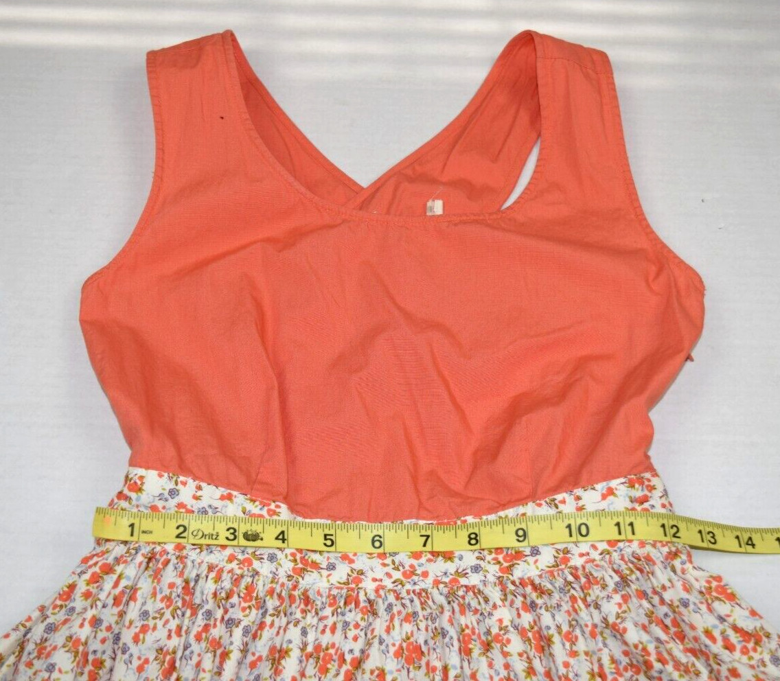 Vintage Dress Size S 70s Peachy Orange White Floral Skirt Crisscross Back