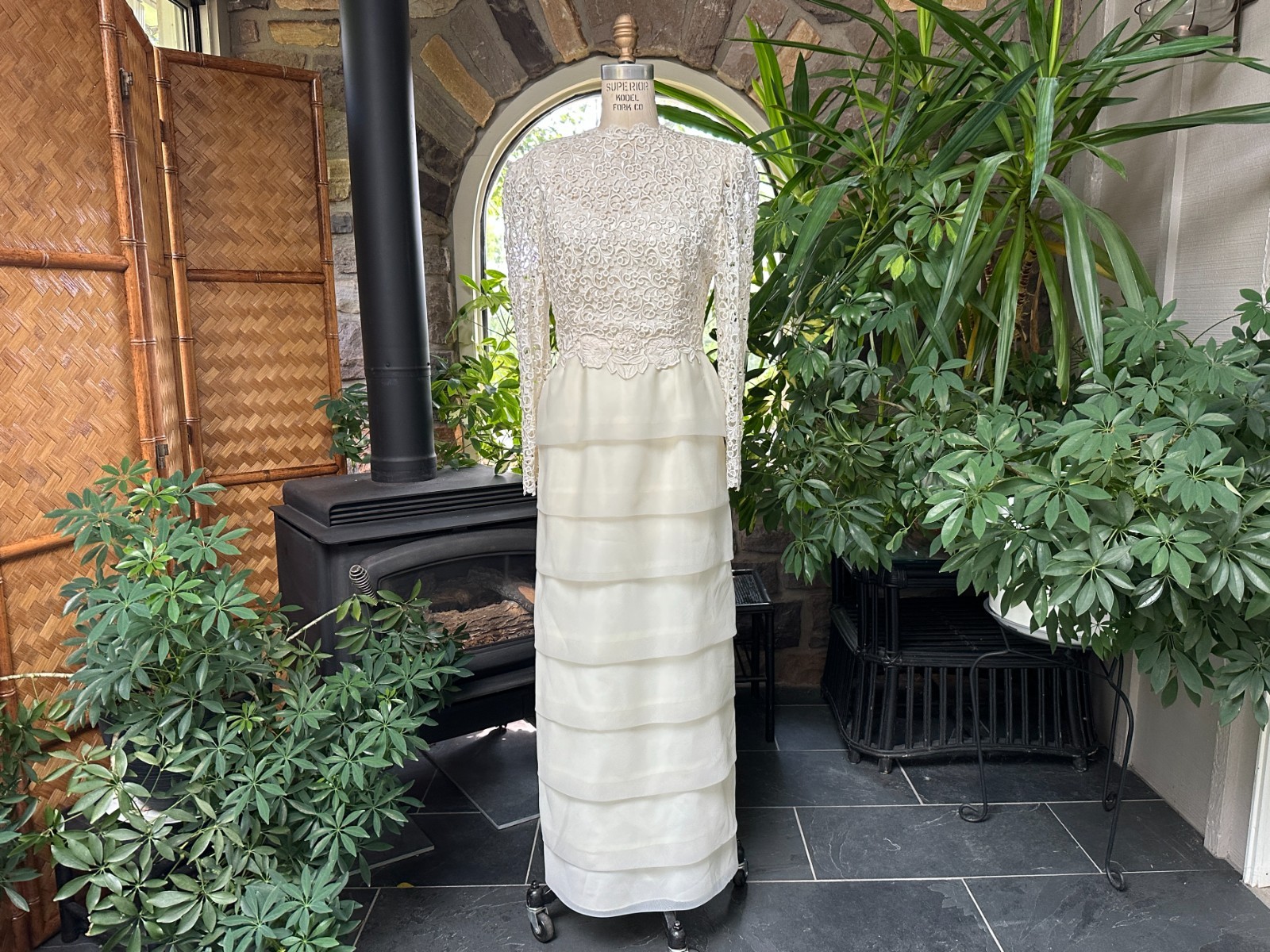 Vintage 1980s Ivory Lace and Tiered Organza Formal Dress Jovani, 2nd wedding