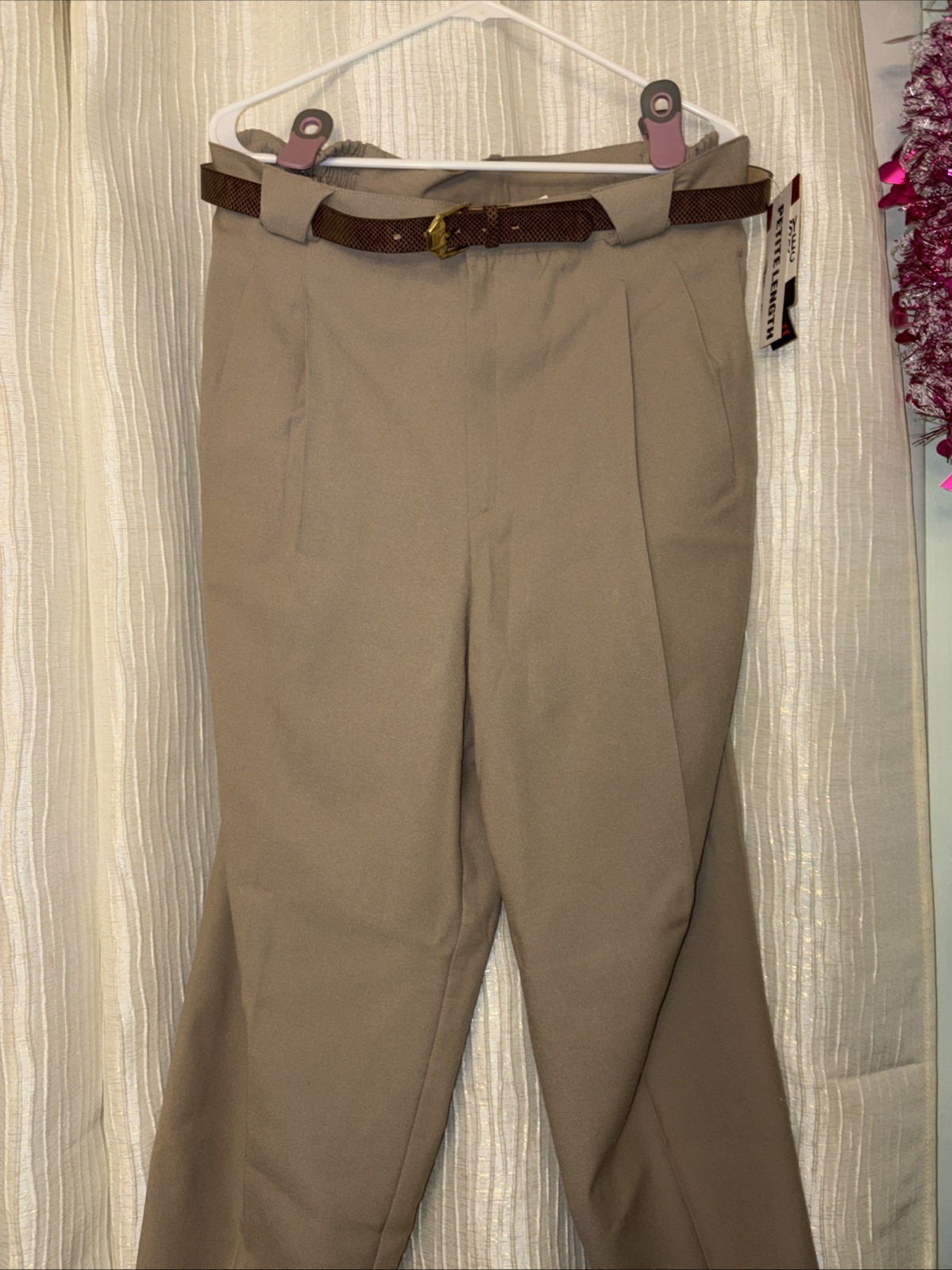 Casablanca II Women’s Dress Pants 12P Petite Taupe Elastic Waist Belt NWT