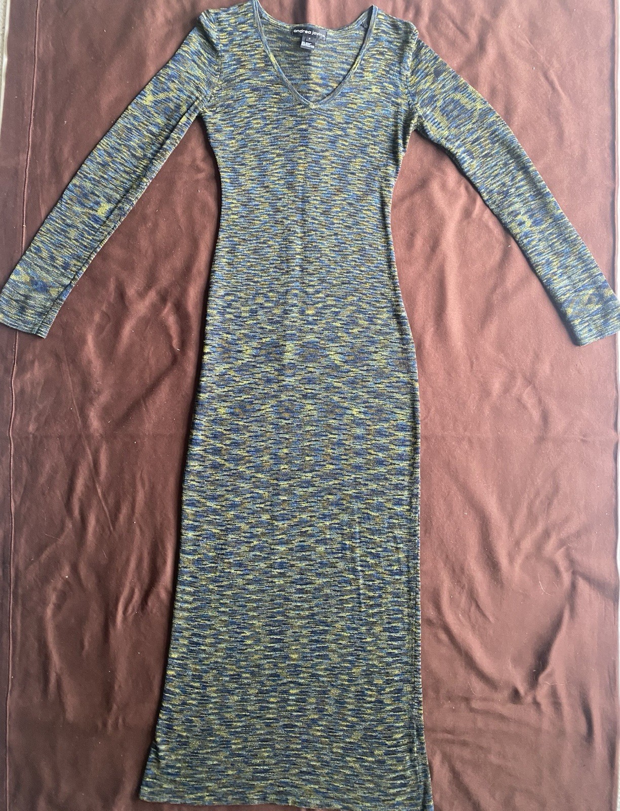 VTG 90s Designer Dress Long Space Dye Knit Fitted VNeck L/S Greens Blues RARE