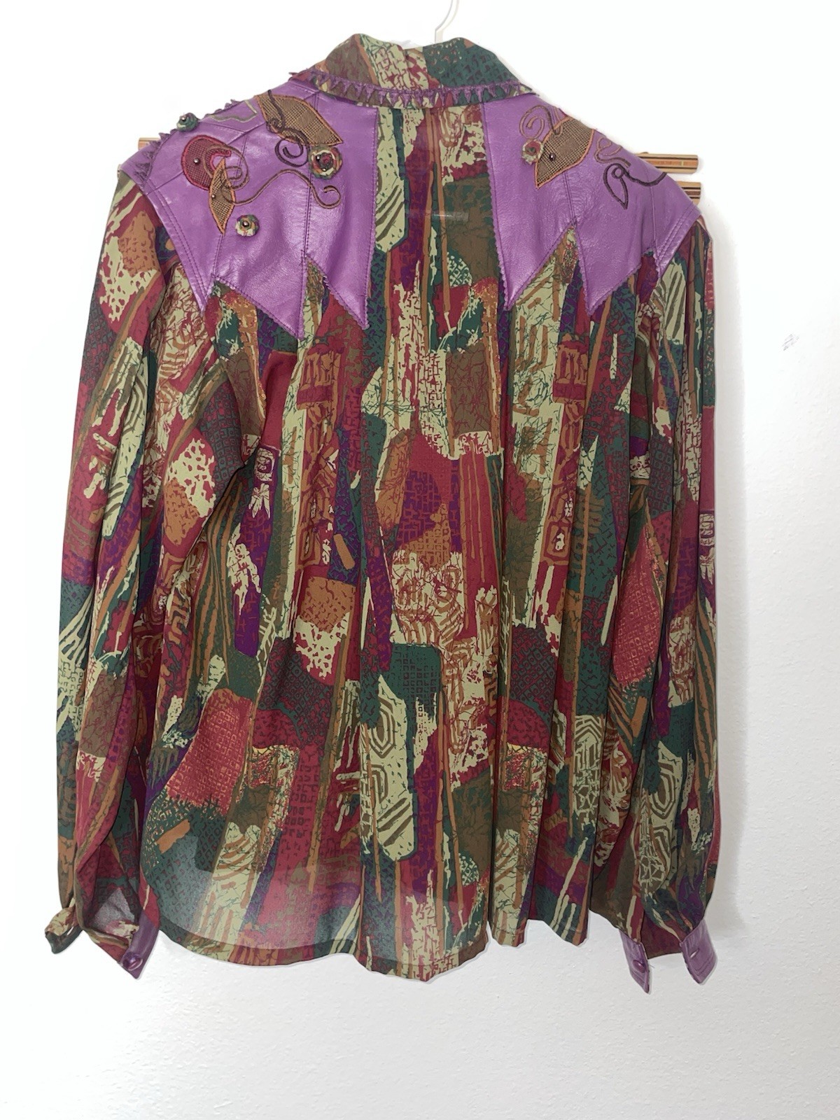 Vintage Marc D’Alcy Blouse Size 2 Abstract Purple Faux Leather Trim Shirt