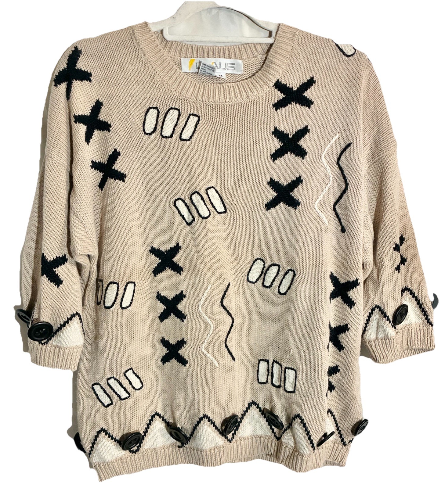 CHAUS Geometric Sweater Sz M Vintage Hongkong Buttons Cotton Embroidery 90s Y2K