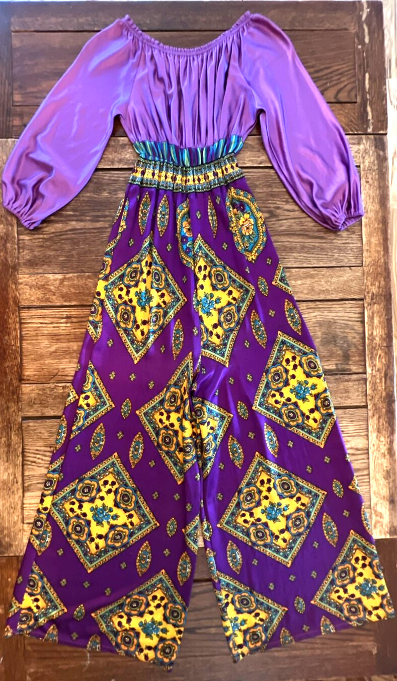 VTG 60s JUMPSUIT BELL BOTTOM FESTIVAL HIPPIE DISCO GROOVY Psychedelic PURPLE S/M