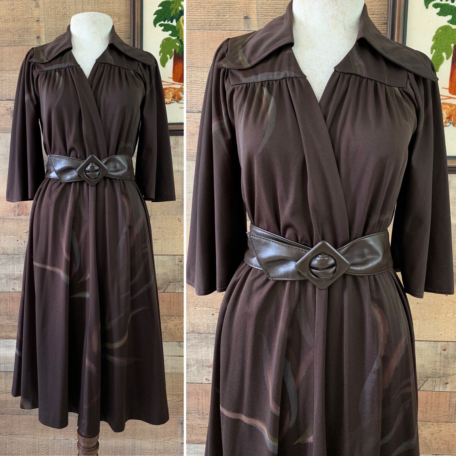 Vintage 1970’s Disco Pointy Collar Bell Sleeve Fit Flare Dress Sz S/M