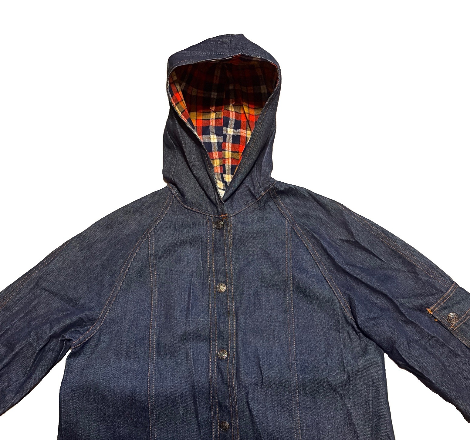 Vintage Denim Hoodie Jacket Parka Dark Indigo Blue Snap Button Womens L 70s 80s