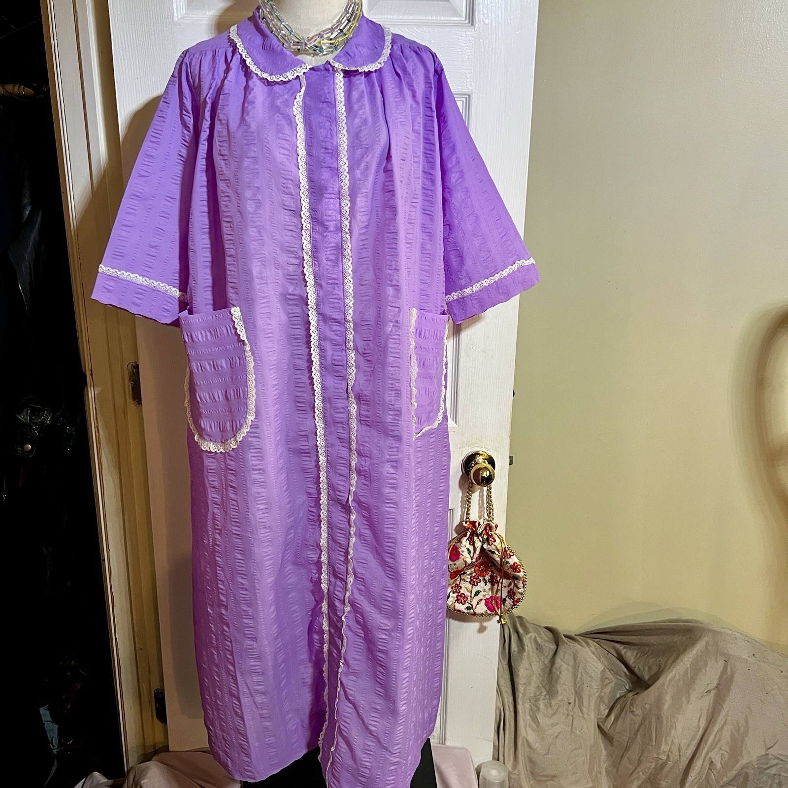 Vintage Wms Lavender Lace Trim Crepe Knit Grannycore Retro Preppy House Dress L