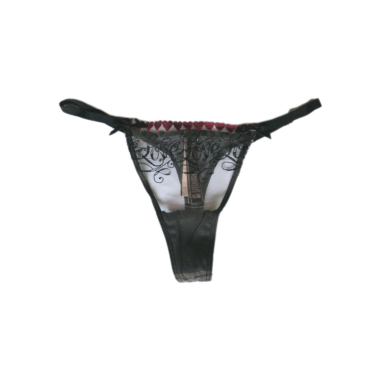 Victoria’s Secret VERY SEXY Small V-String Embroidery Panty Black Red Hearts NEW