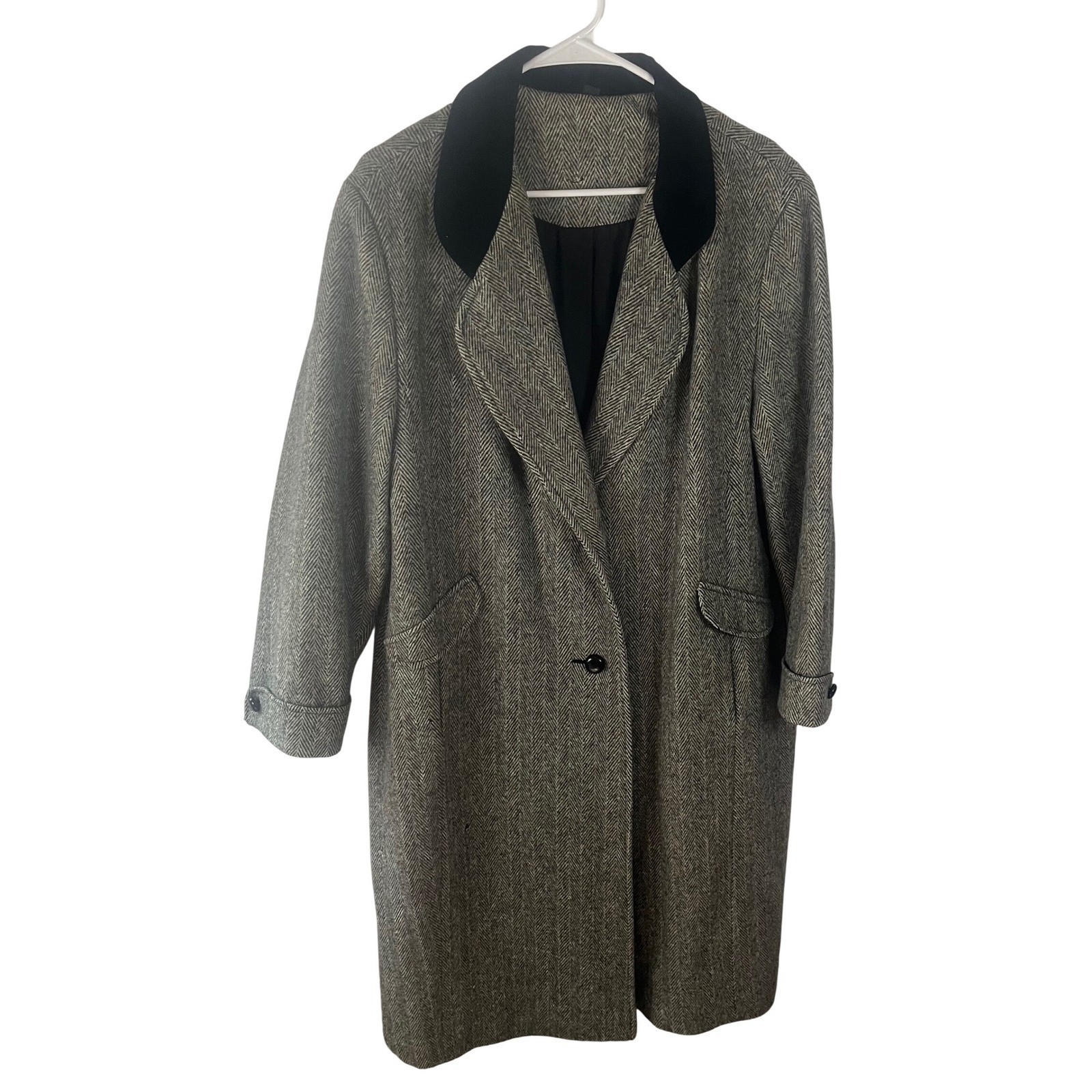 Vintage Made in USA Herringbone Coat Velvet Collar Gray Longline Overcoat