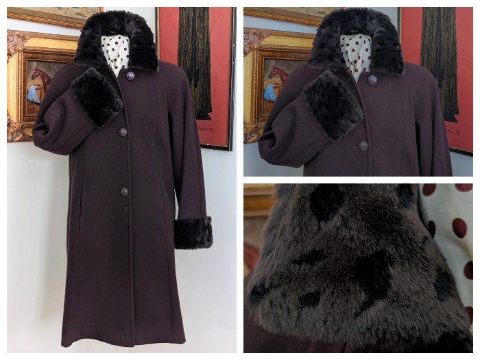 VTG Fine 100% Wool Espresso SZ MED Swing Coat w/Faux Cheetah Fur Collar & Cuffs