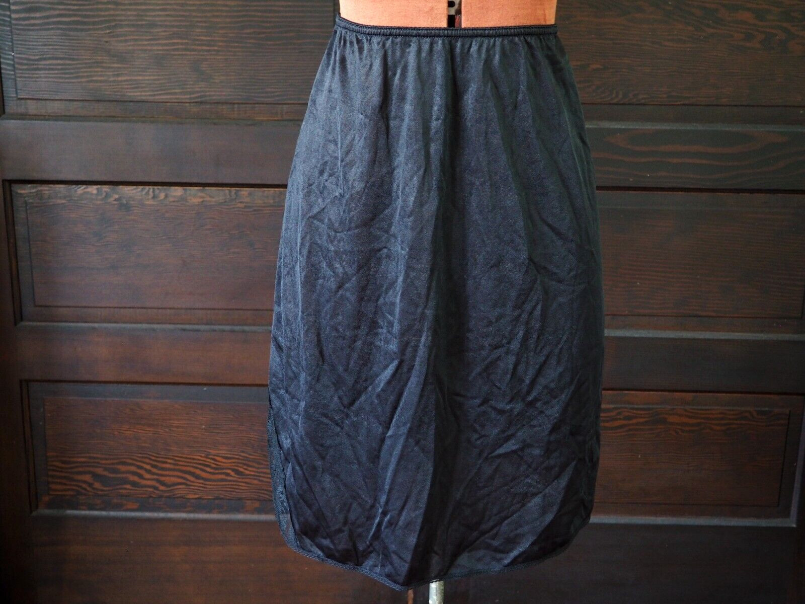 VTG 50s 60s Maidenform Black Satin Slit Half Slip Skirt ILGWU Elastic Waist XS/S