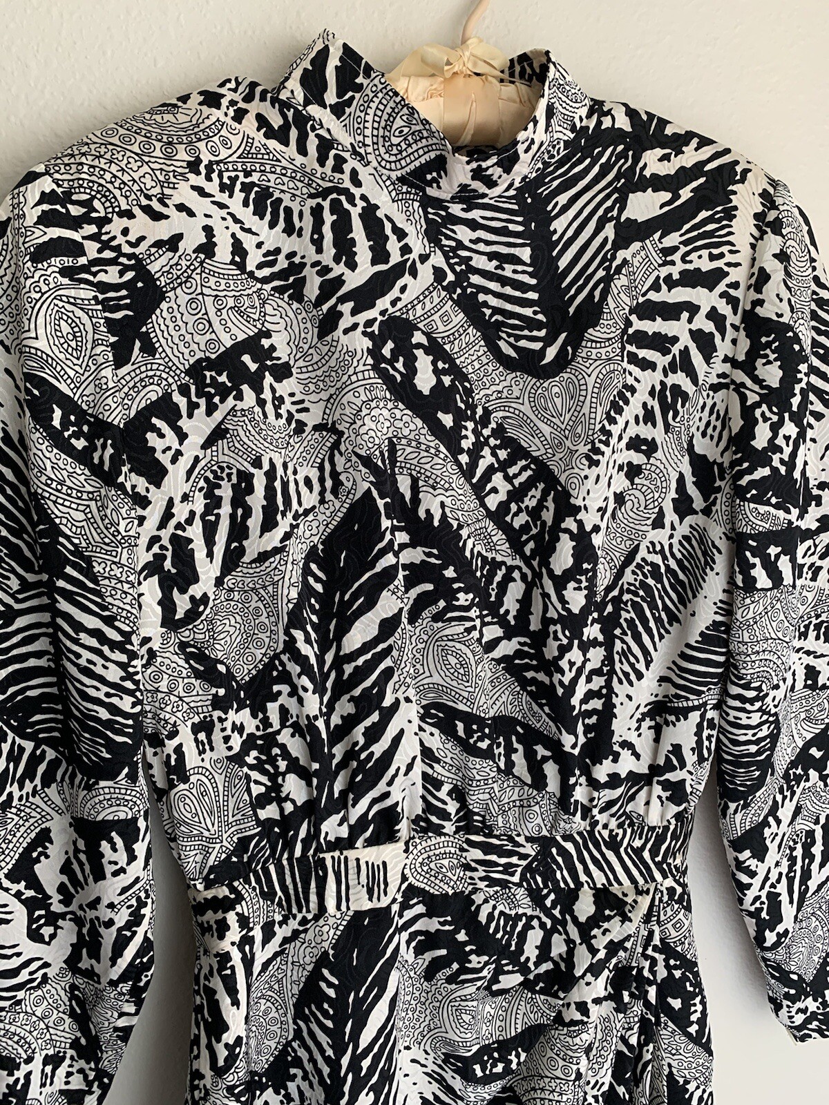 10 Vintage Oleg Cassini Dress B/W Paisley Tropic Sarong Skirt 80s Designer Retro