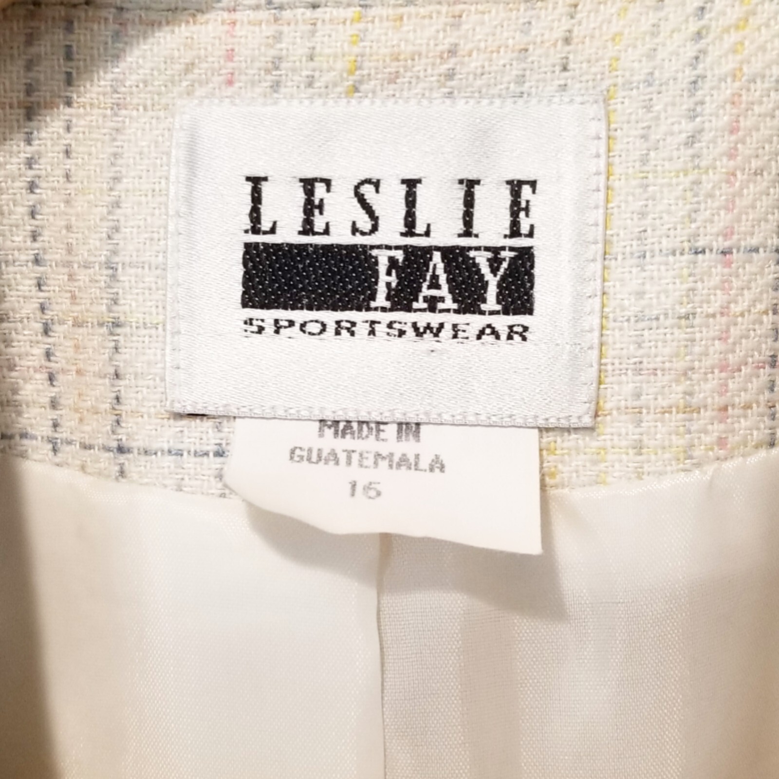 Leslie Fay Sportswear Blazer Cream Pastel Check Size 16 Shell Button Vintage