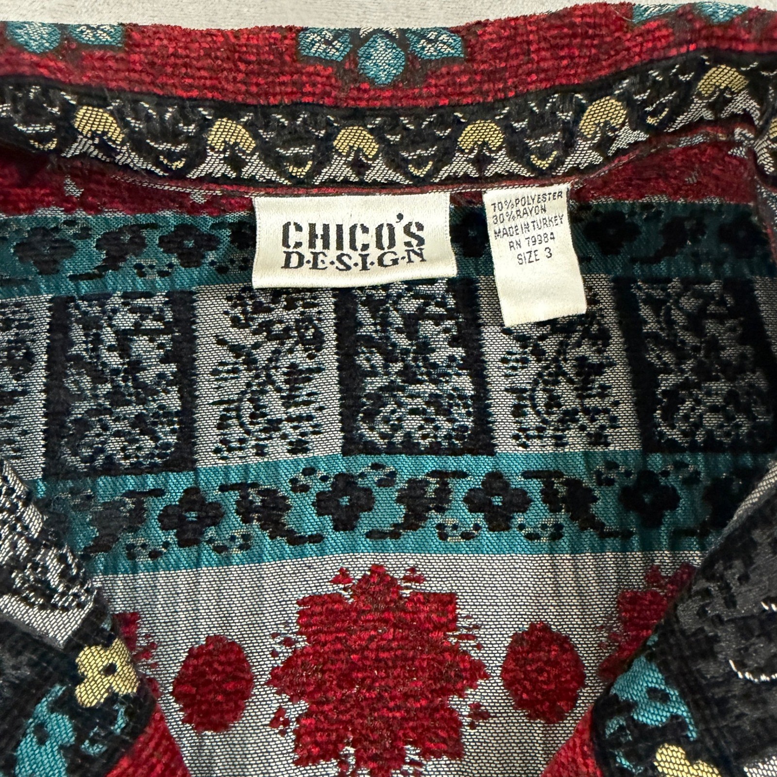 Vintage Chicos Design Tapestry Jacket Womens Size 3 XL Floral Woven Boho