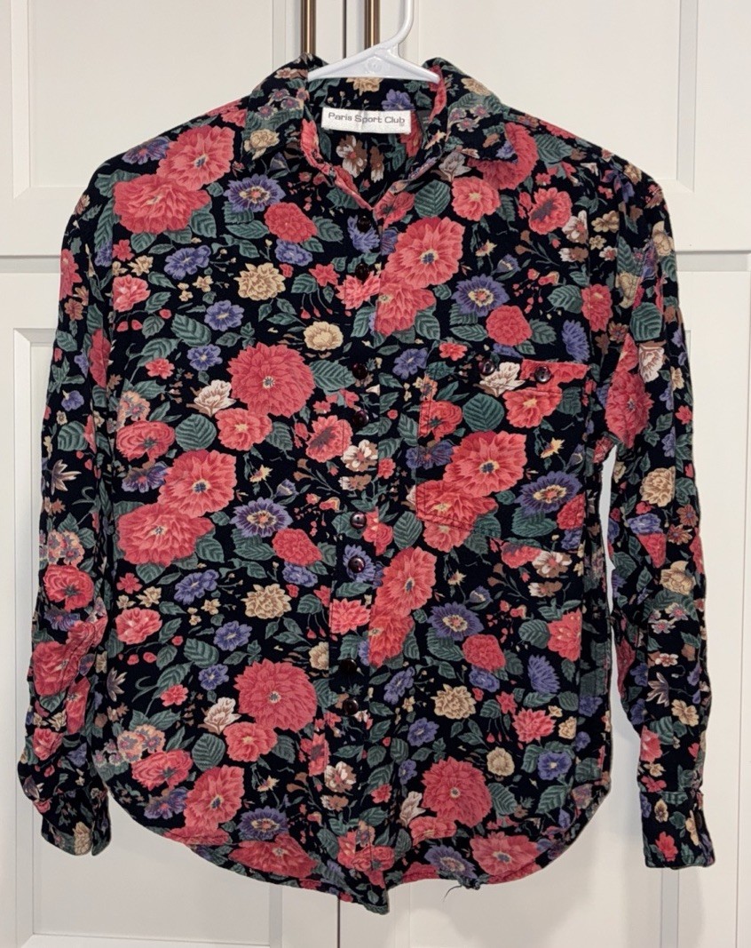 Vintage Paris Sport Club Shirt Women’s Size Small Floral Print Button Up LS 90’s
