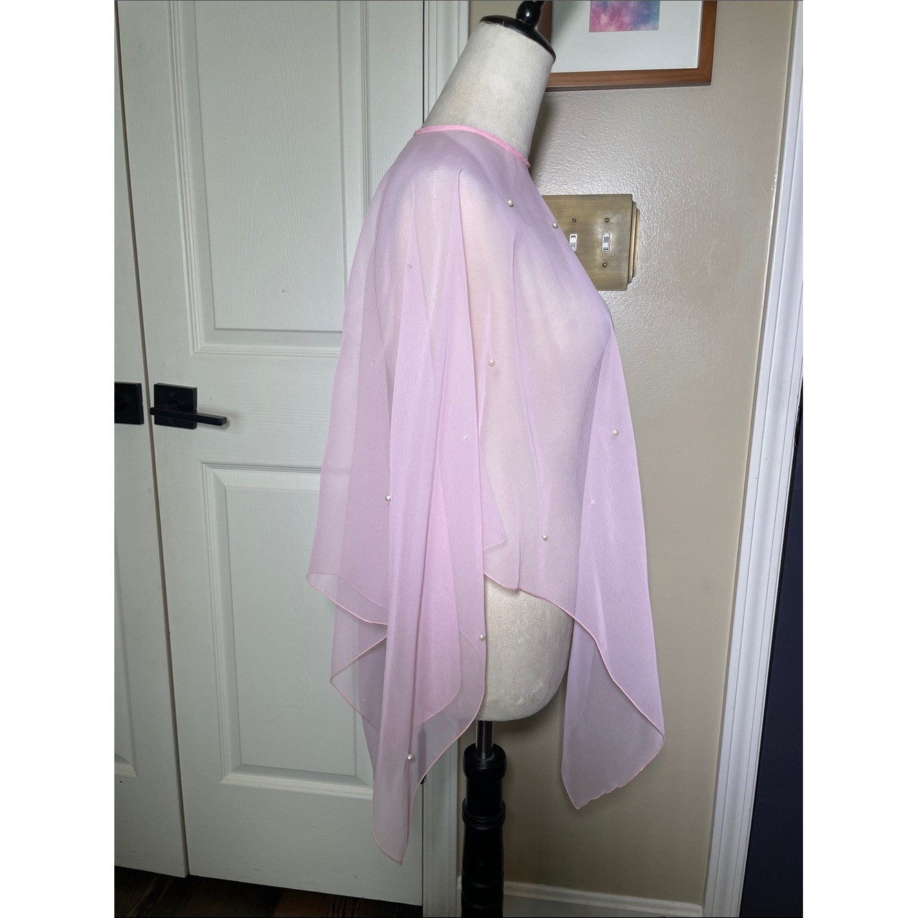 Vintage Pastel Pink Mesh Dress Topper with Pearls Cape Poncho Sheer Embellished