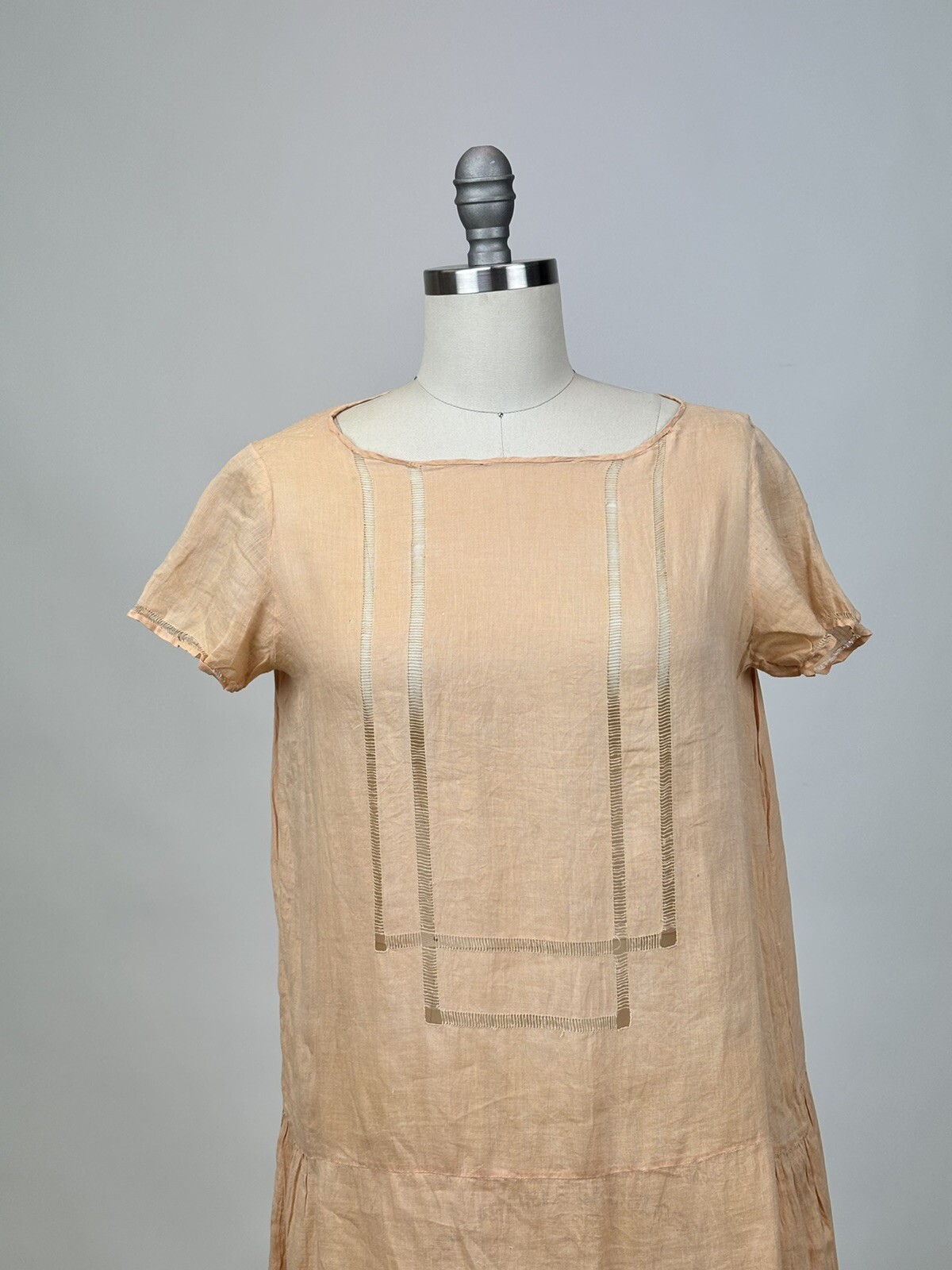 Antique 1910s 1920s Light Pink Cotton Drop Waist Shift Dress Short Sleeve AS IS
