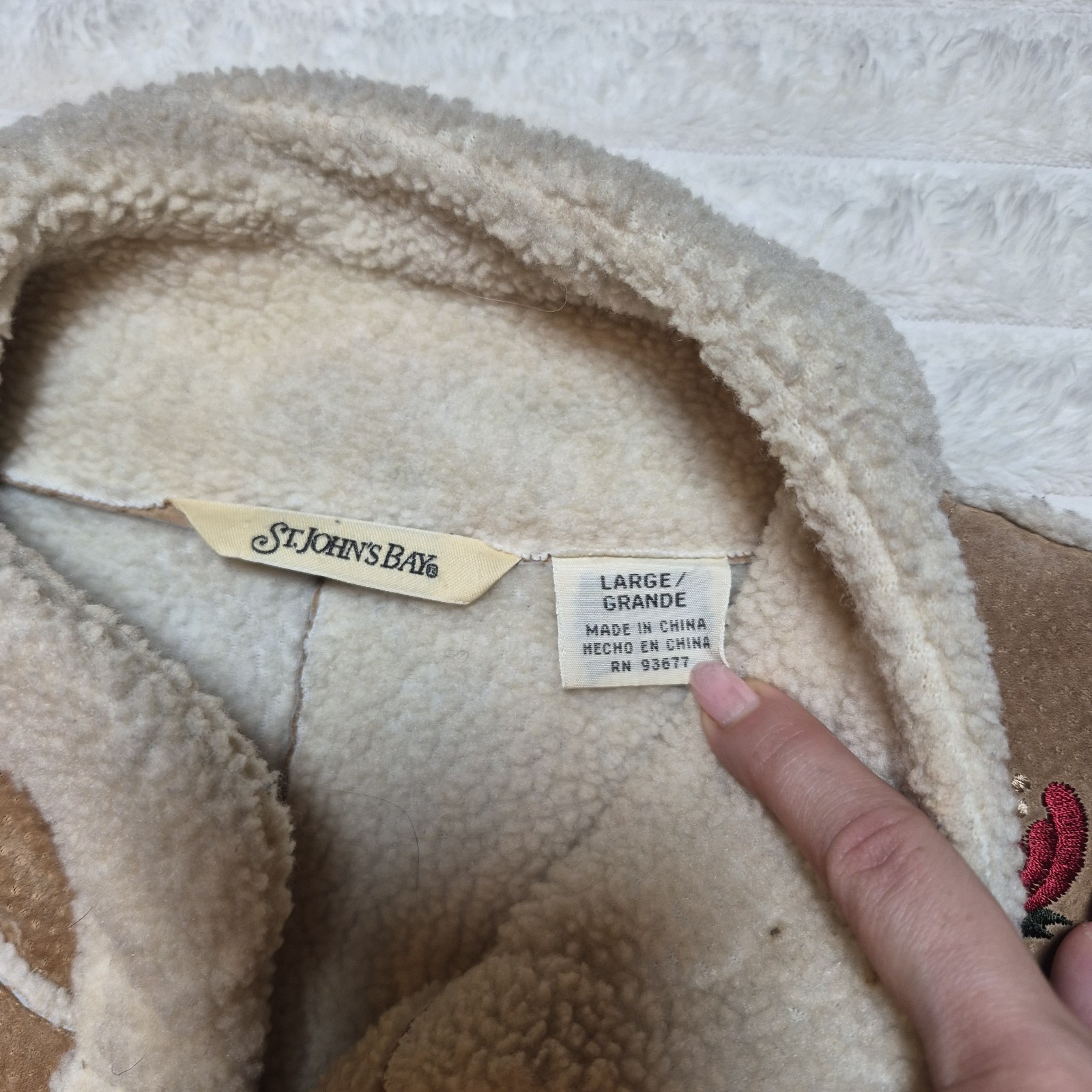 Vintage Floral Embroidered Faux Suede Shearling Trim Toggle Jacket Tan Brown