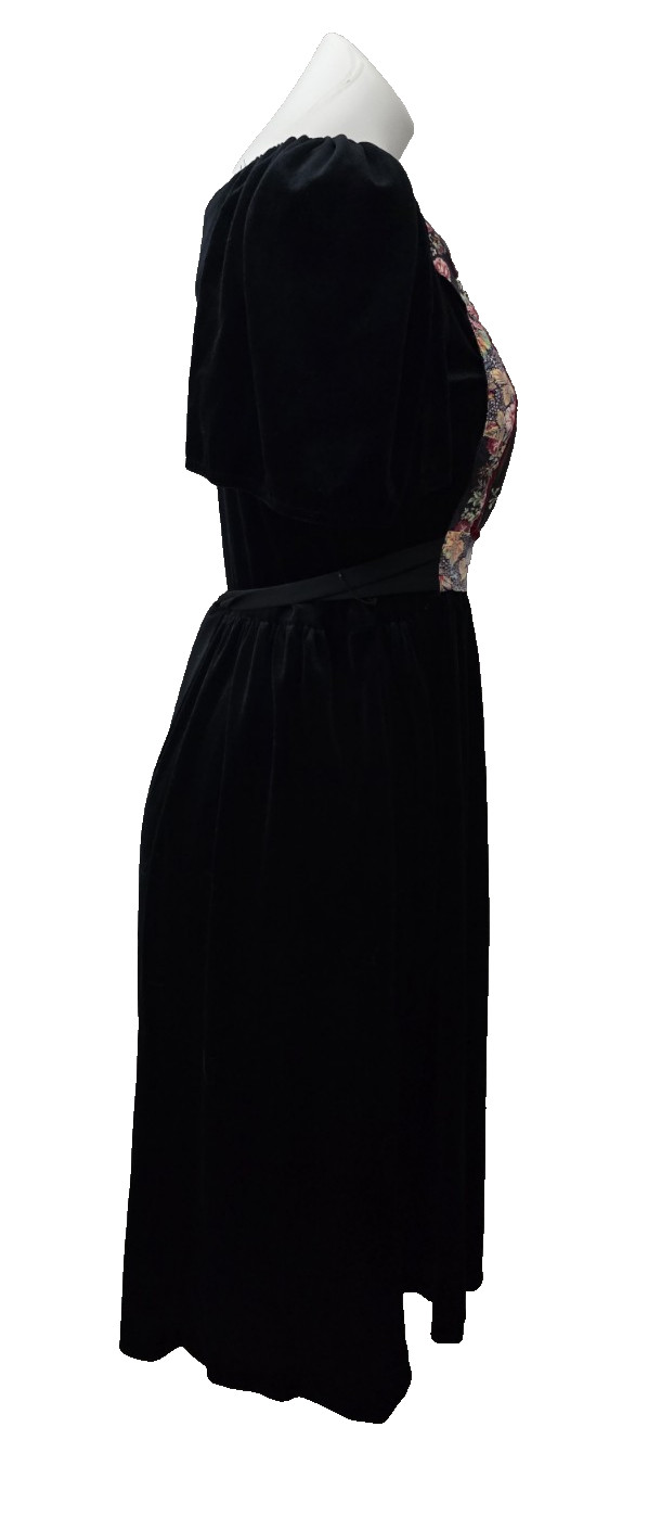 vintage 80s black velvet dirndl dress featuring a floral patterned bodice, Dress