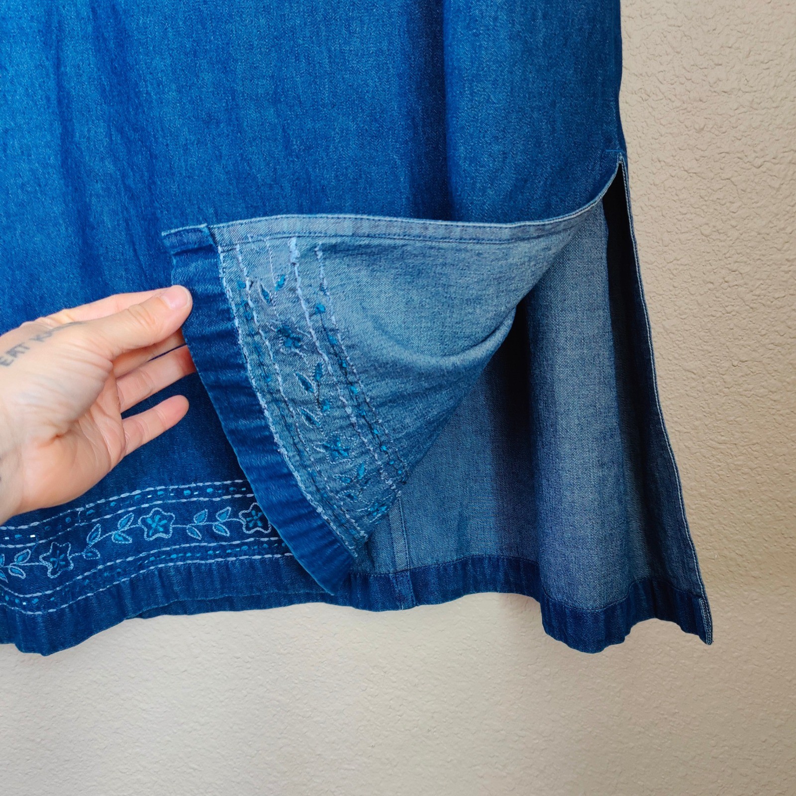 Erika Vintage 90s Denim Pinafore Jumper Dress Maxi Embroidered XL Cottagecore