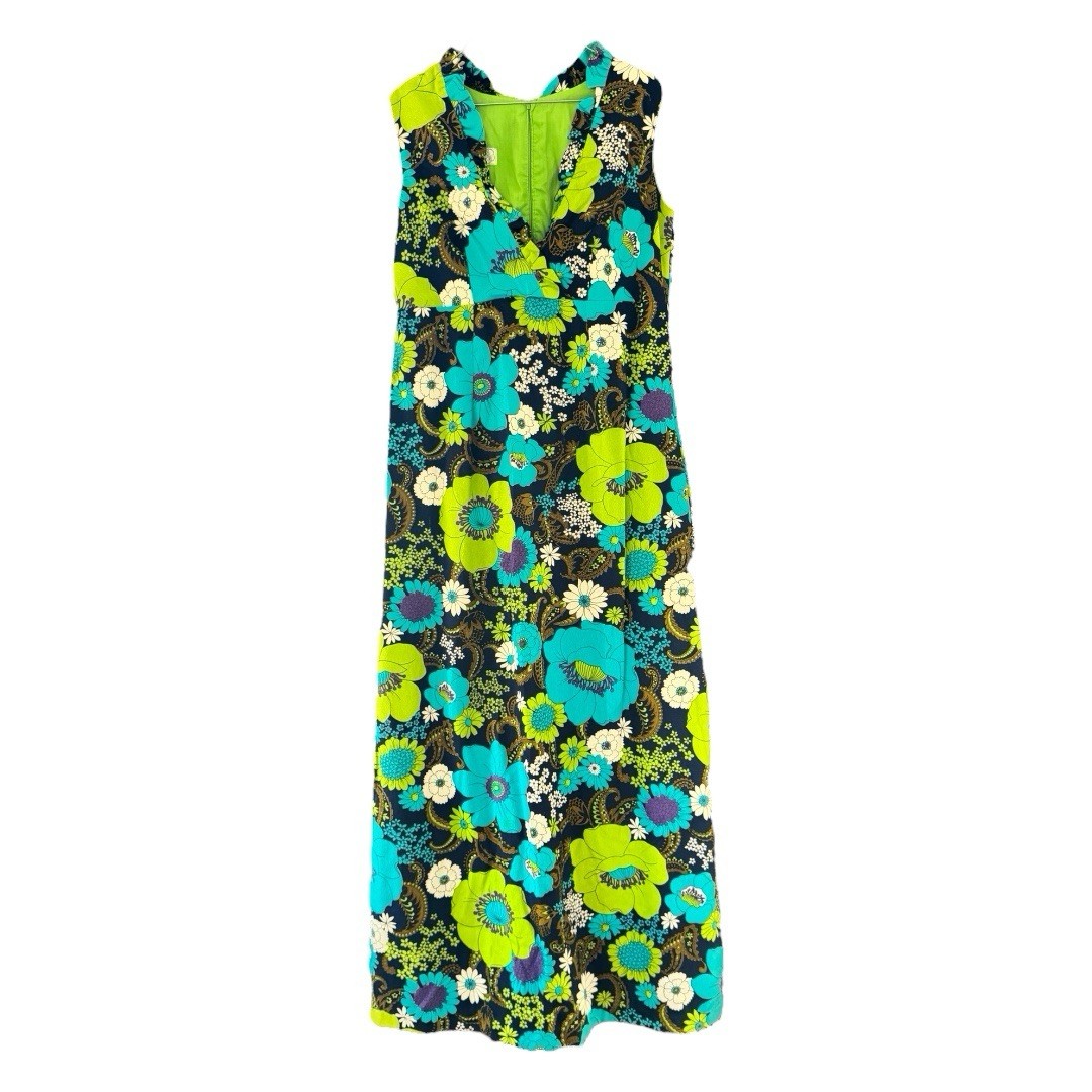 Jenelle of California Vintage Flower Power Dress S/M Cotton or Acrylic Barkcloth