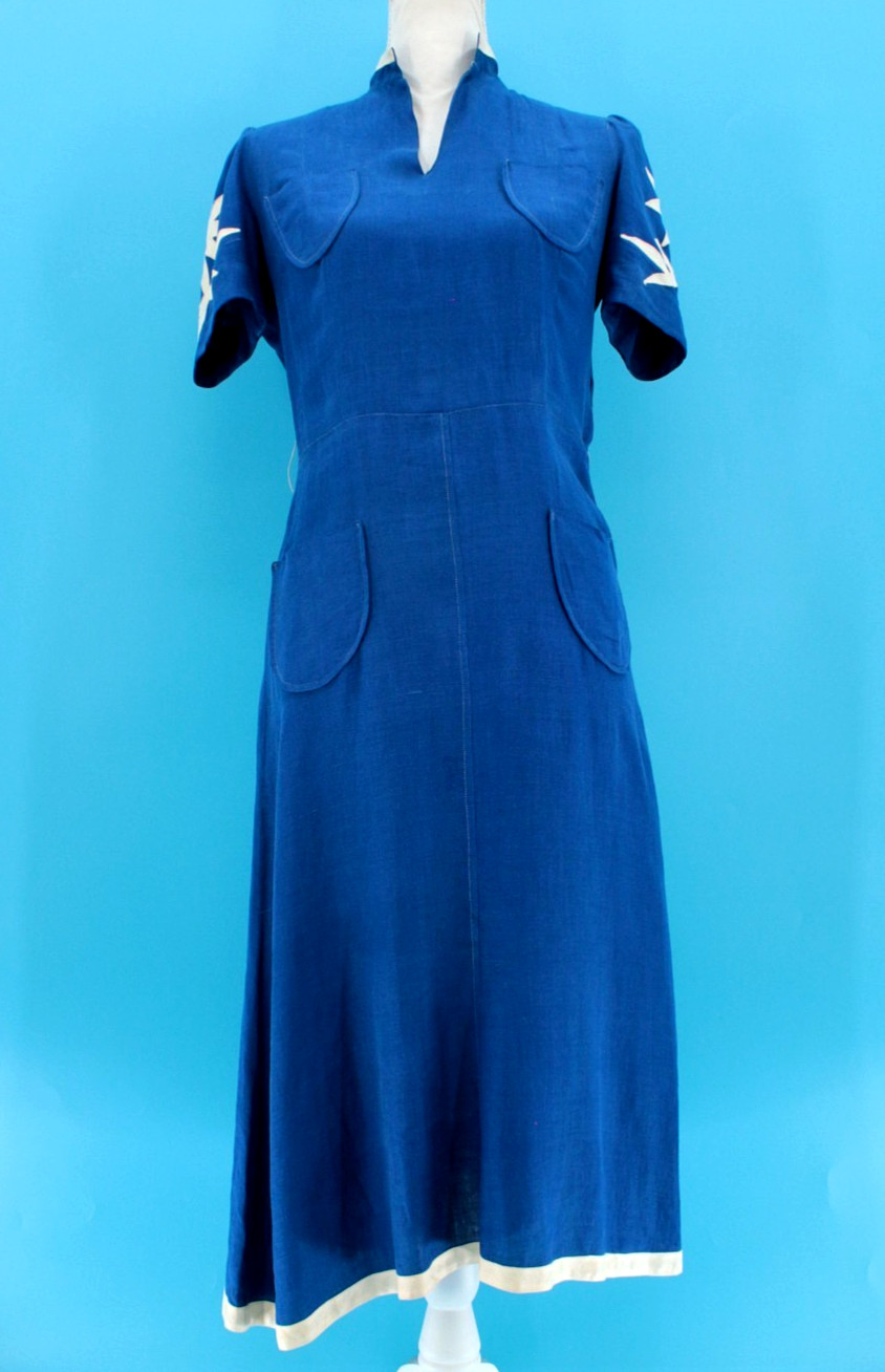 VTG Women’s 30s Royal Blue A Line Dress W/ Floral Applique’ Sleeves Sz S 1930s