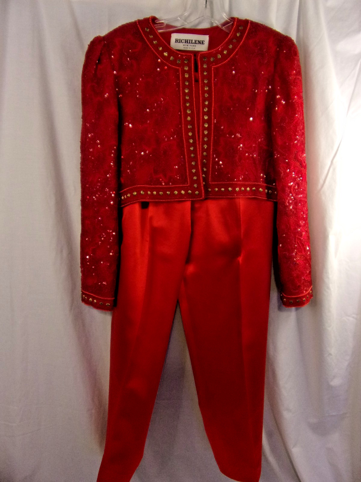 Vintage Richilene Red Sequin Bolero Jacket & Red Silk Pants 10 /12 FABULOUS