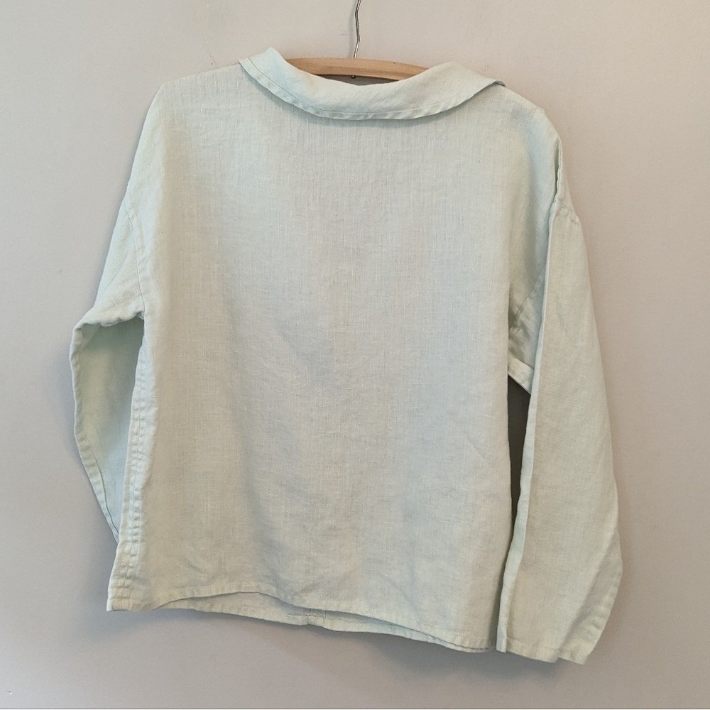 Vintage 90s Minimalist Sea Foam Linen Collared Top Women’s Medium Quiet Luxury