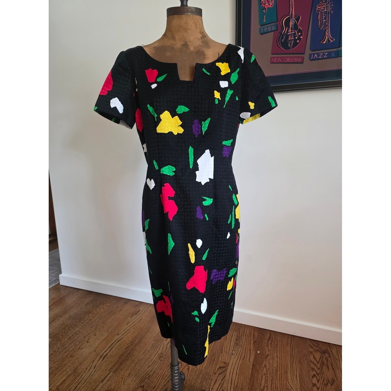 Vintage 90s Bill Blass Black Textured Floral Sheath Dress Size 10 Fits Like 6/8