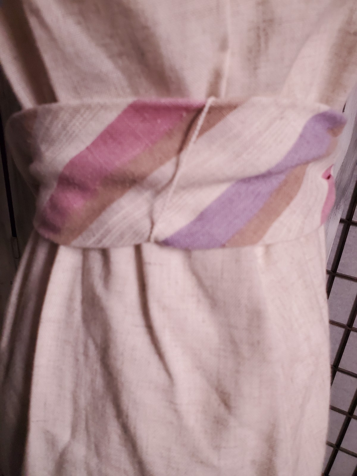 M VTG 80s Cream W/Belt Midi Sun Dress Linen OR Blend Sundress Elastic Waist