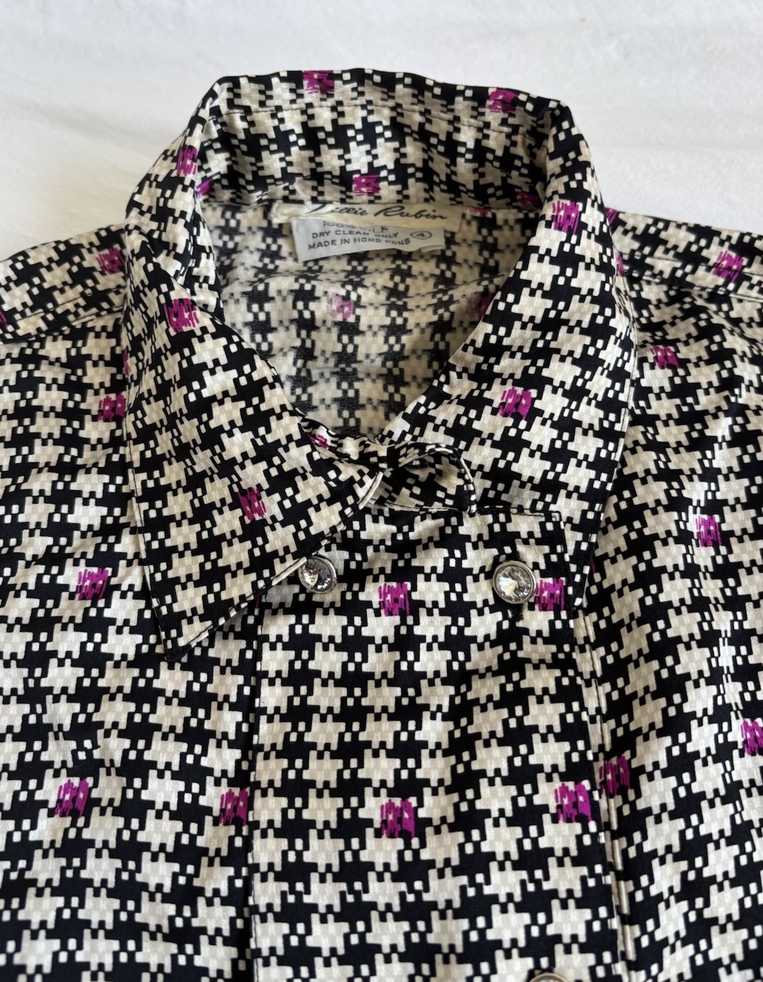 Pure Silk Vintage Lillie Rubin Blouse Houndstooth Rhinestone Buttons Purple Sz 4