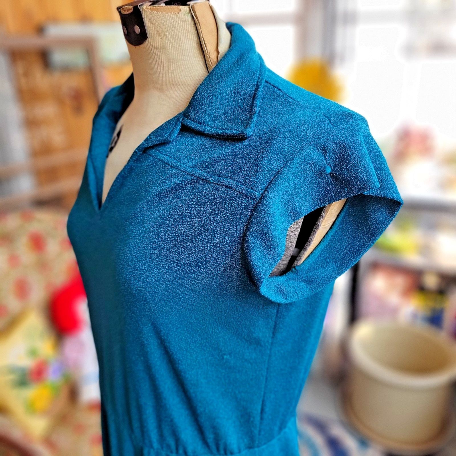 Vintage 1970’s -Cinched Waist Soft Terry Poly Sun Dress w Cardigan Top Size L