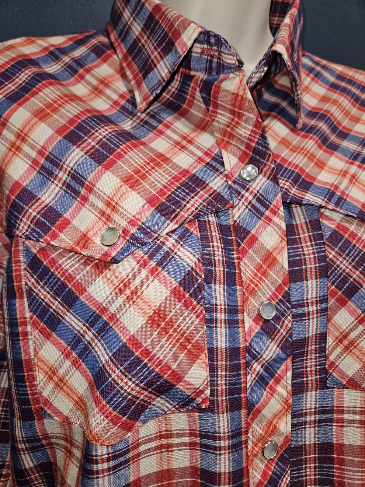 Vintage 60s/70s Cheryl Tiegs Large western plaid womens shirt pearl snap