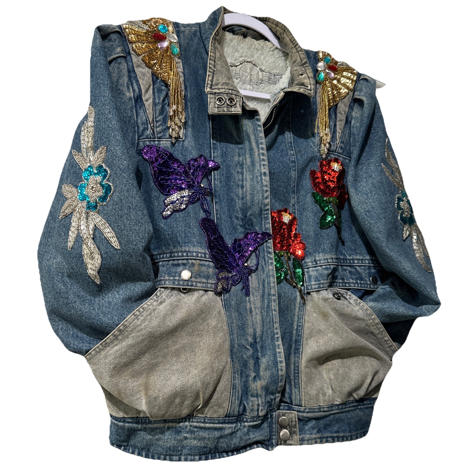 Vtg Mod Maid Denim Jacket Texas Bluebonnet Beaded Gold Fringe Western Cowgirl L