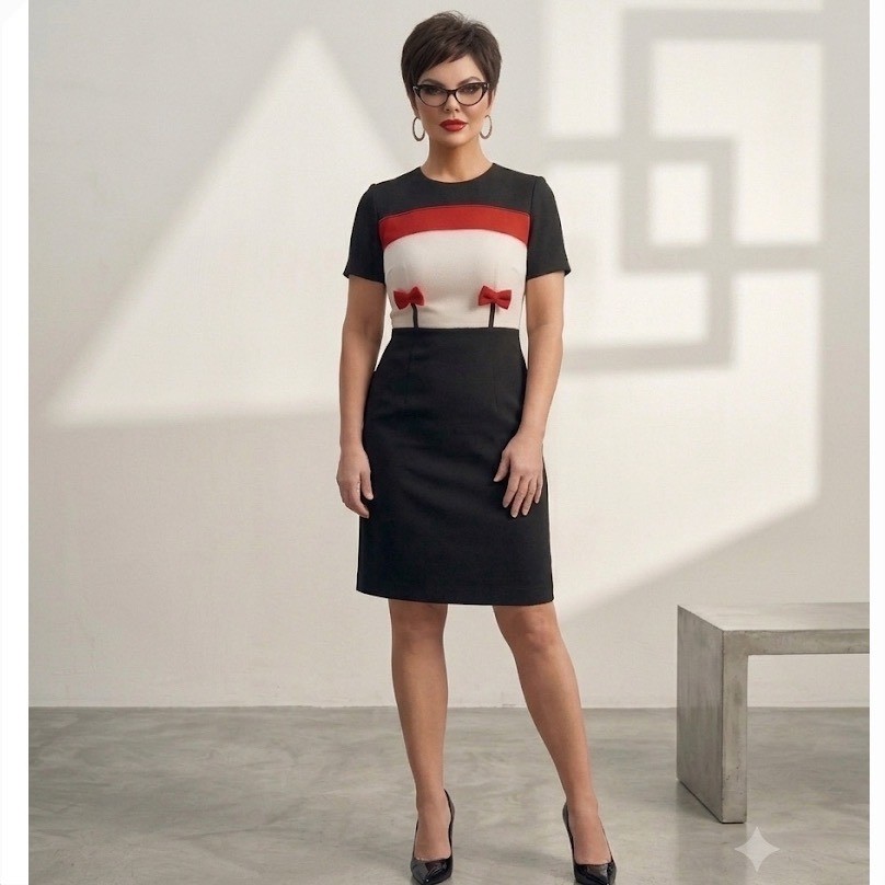 Vintage 90s Colorblock Bow Sheath Dress Retro Mod Office Siren Made in USA SP