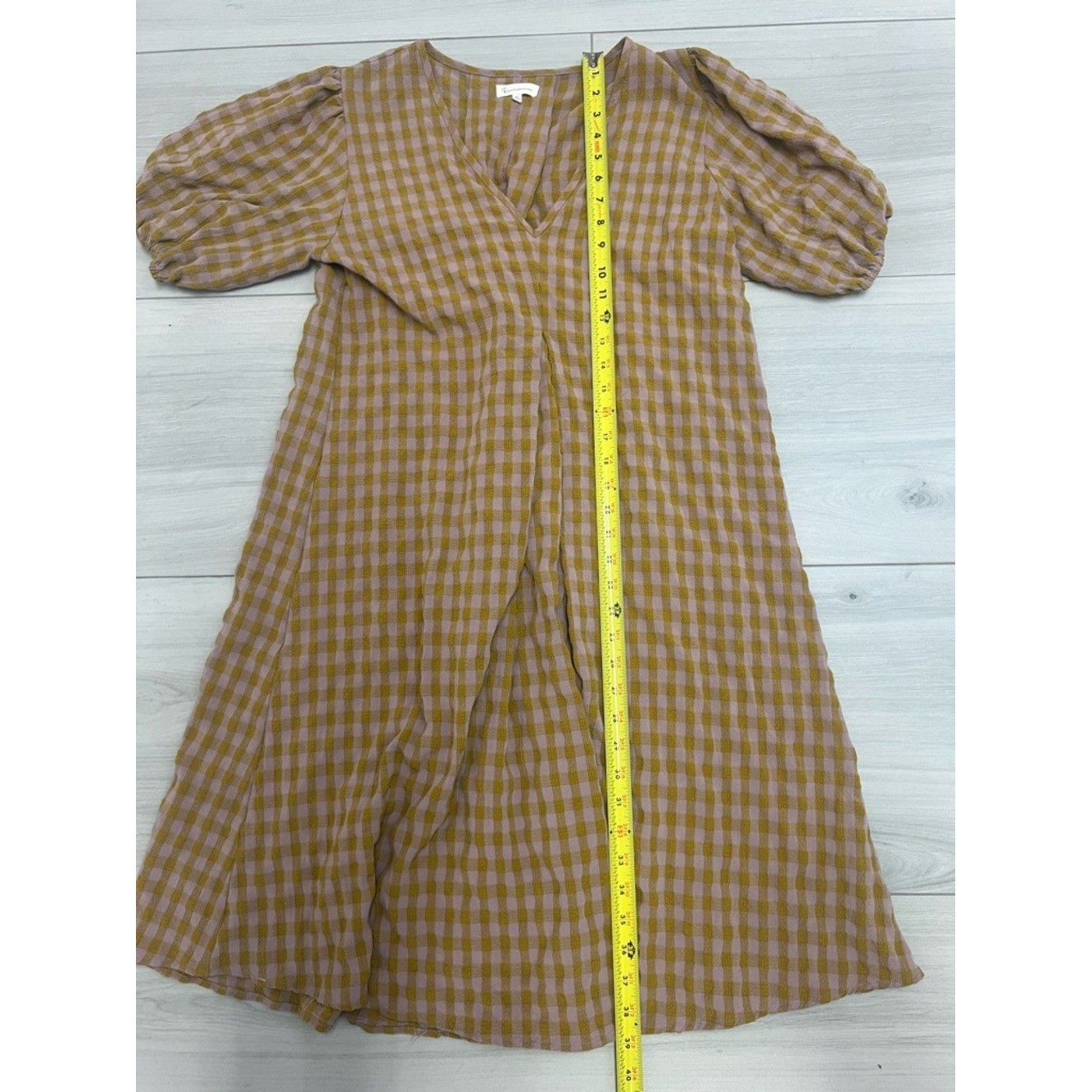 Reminiscence Gingham 3/4 Sleeve V-Neck Midi Dress Mustard Pink Sz XL Cottagecore