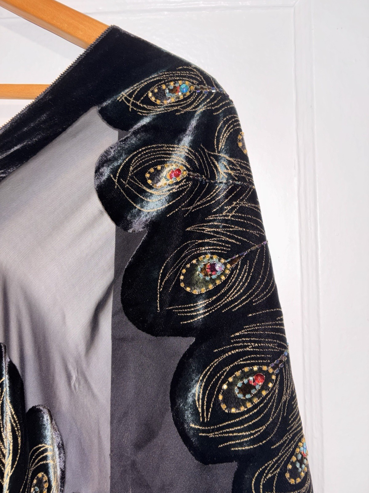 Vintage Silk Velvet Beaded Peacock Duster Coat Opera Black Fringe Romantic Goth