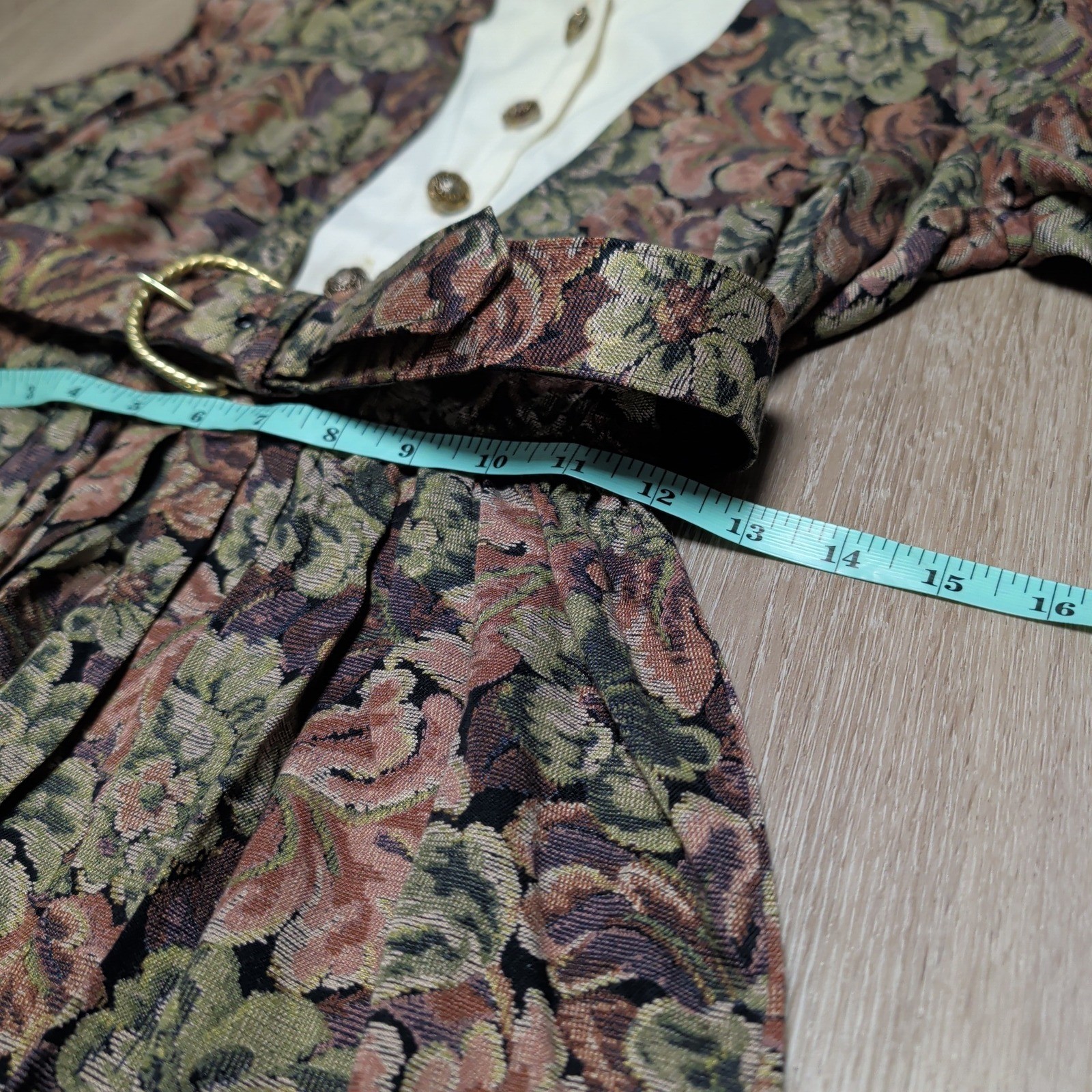 Vintage 80s Peri Petites Floral Tapestry Midi Dress Belted Button Bib Made USA