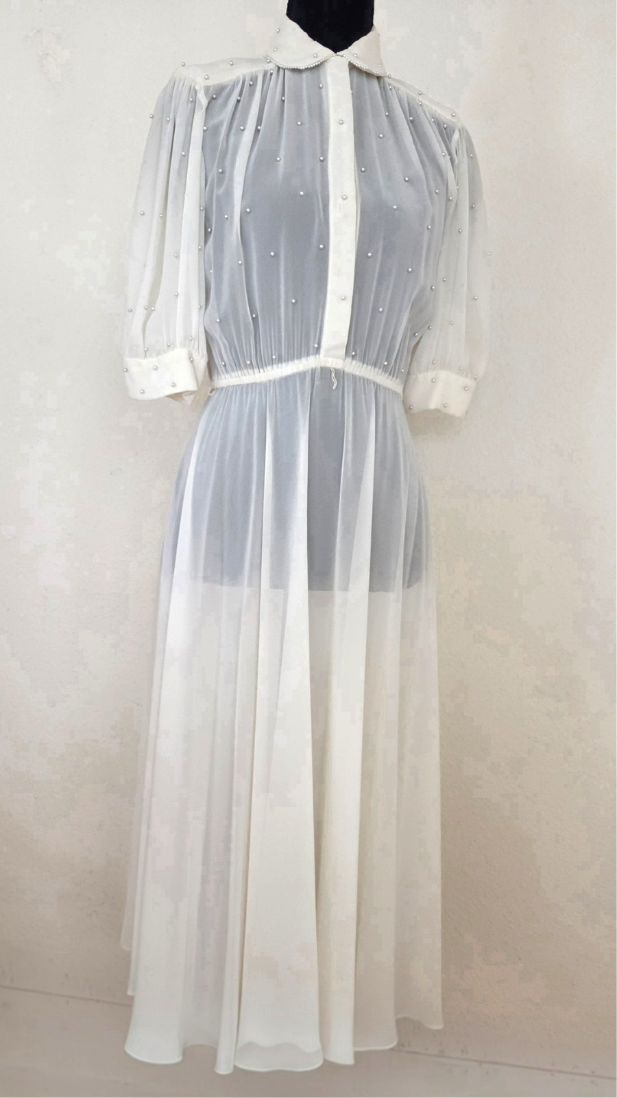 Vintage Bonnie Strauss Sheer Off White Peal Embellished Dress