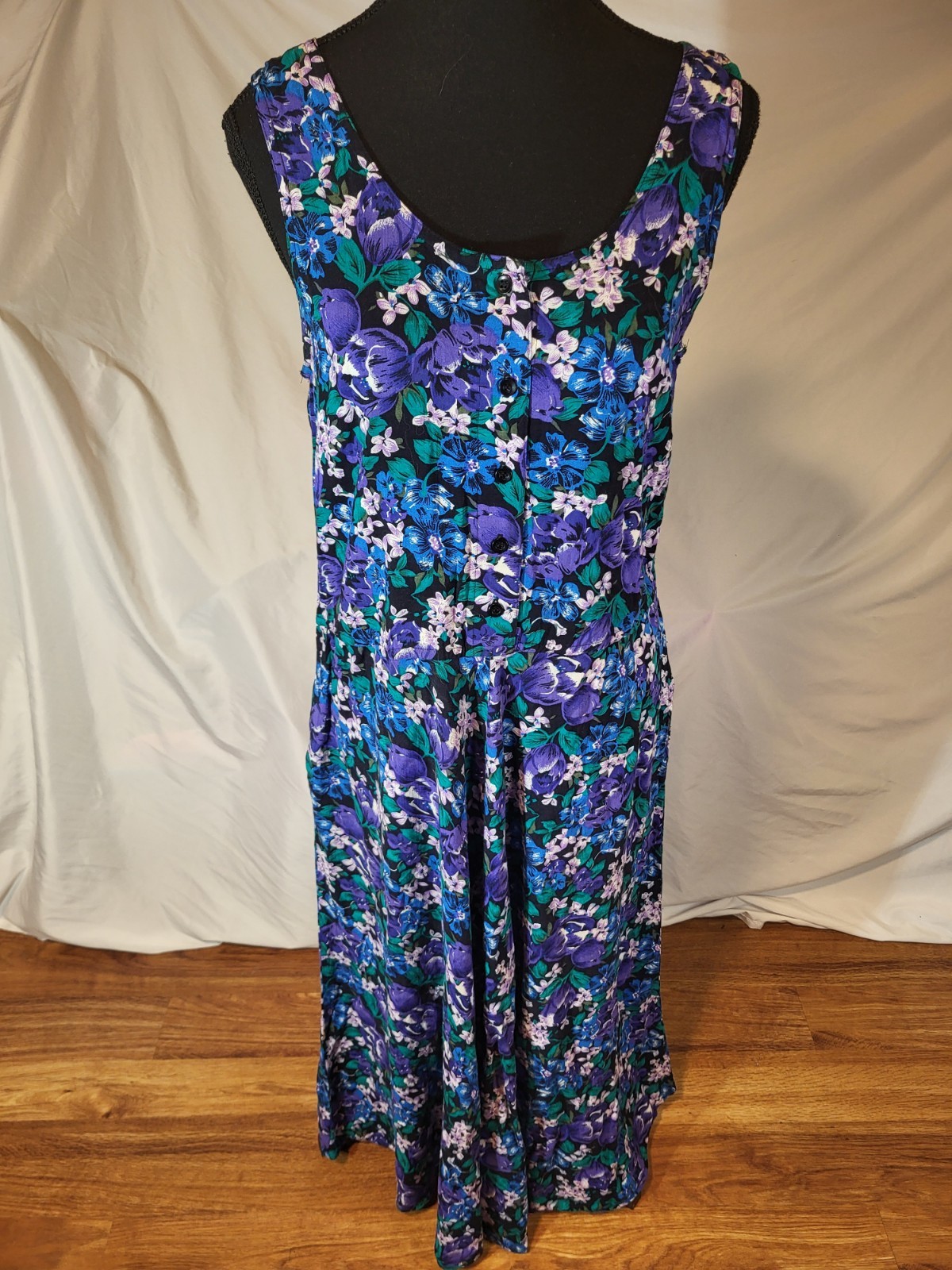 Vintage S Roberts Size 11 Dress Purple Green Blue Floral Button Front Sleeveless