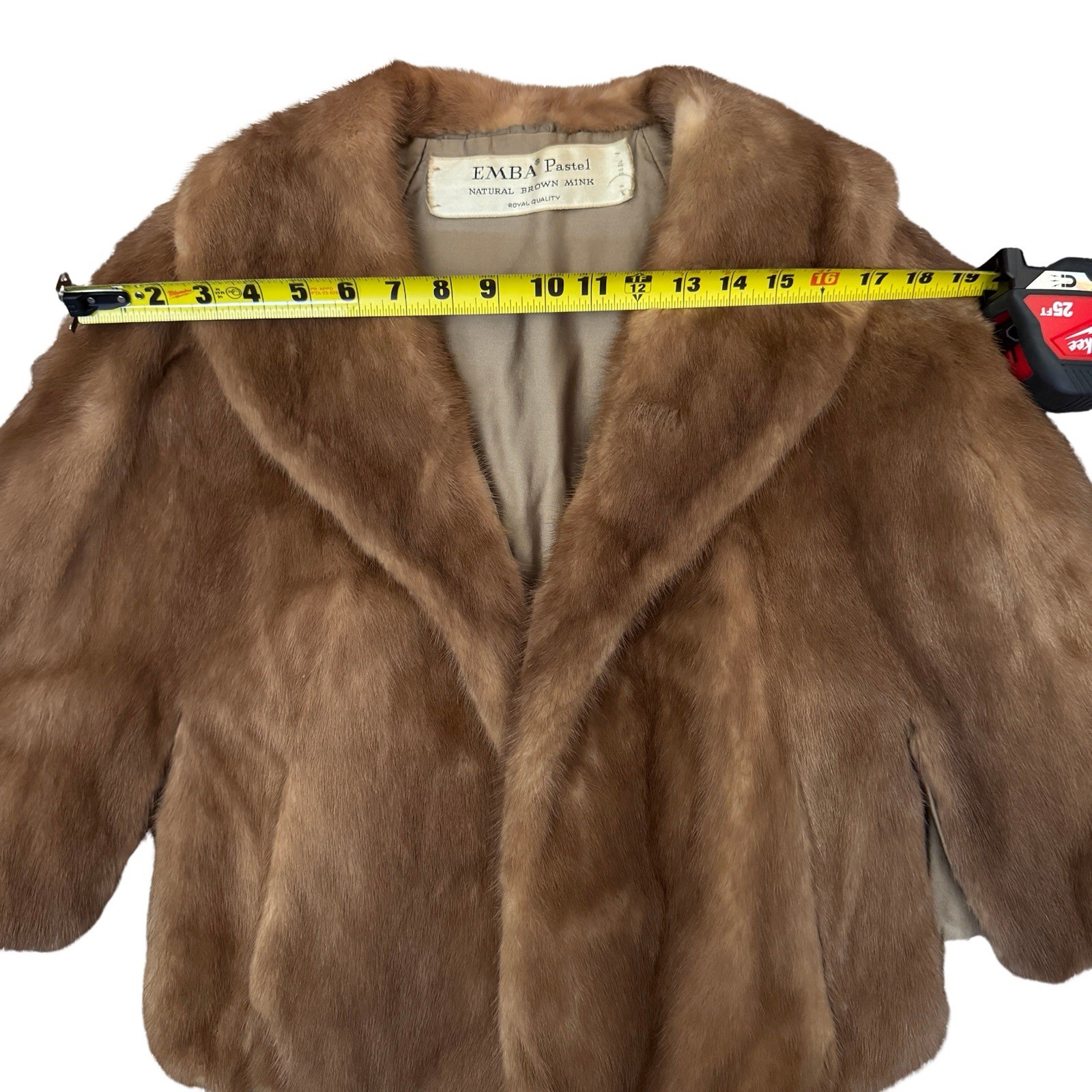 Vintage EMBA Pastel Natural Brown Mink Capelet Jacket Royal Quality L 3/4 Sleeve