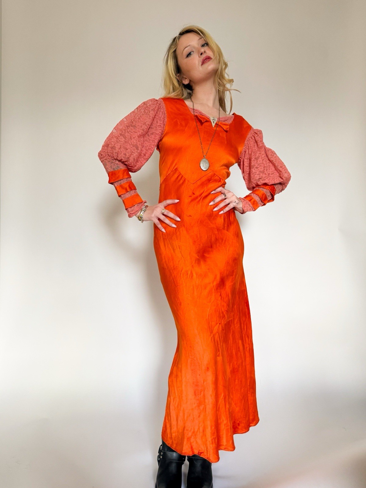 Vintage 1940’s Over Dyed Orange Pink Satin Dress Lace Puff Sleeves Belt