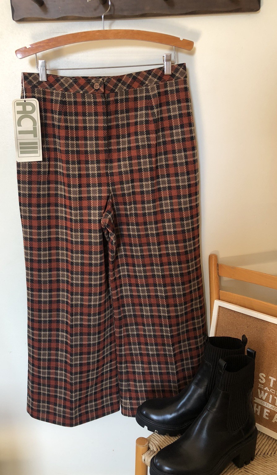70s Vtg Act 3 Women Plaid 32” Waist High Rise Wide Leg Pants Wool Blend Fall NWT