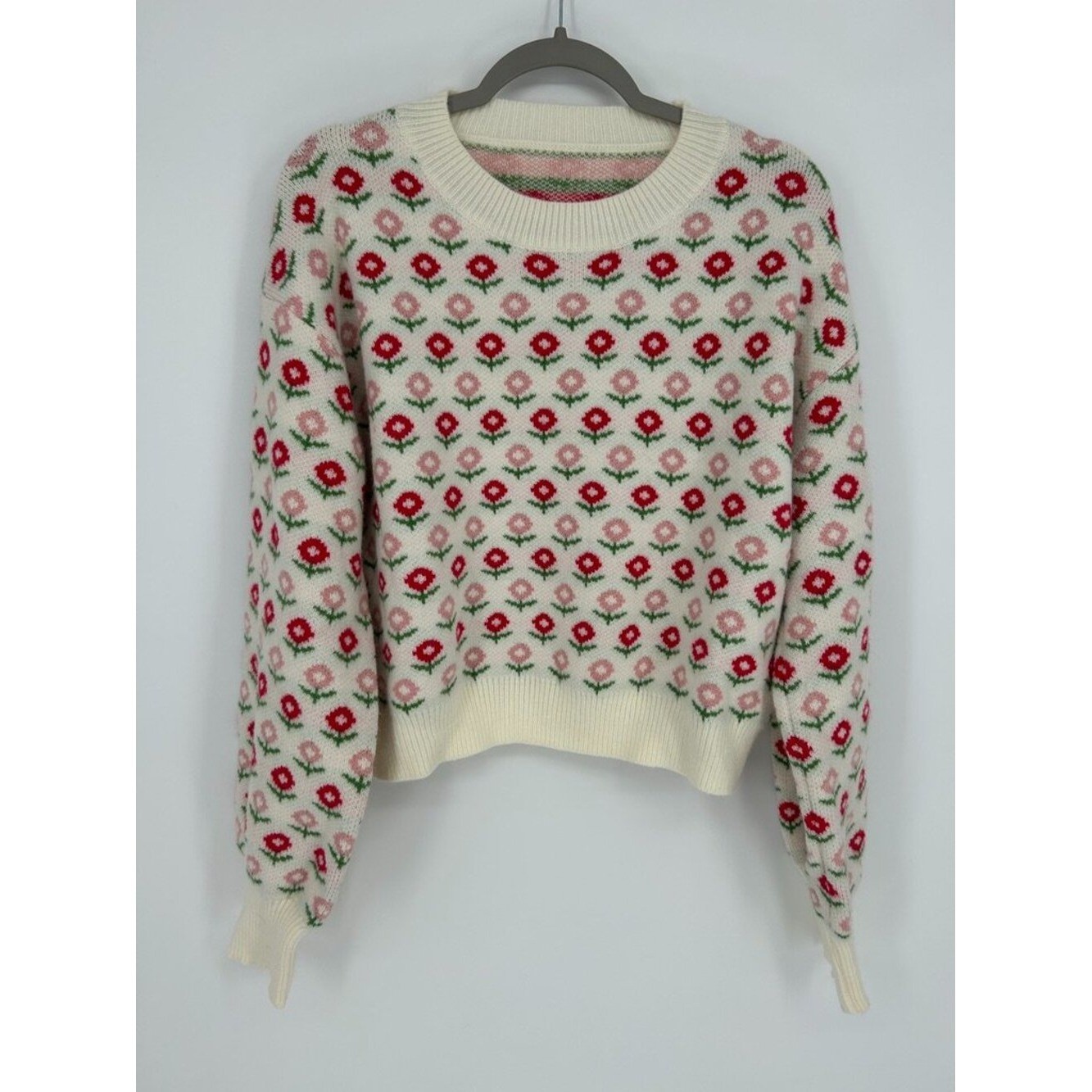 Floral Knit Sweater XL Ivory Pink Red Cottagecore Coquette Crewneck Whimsical