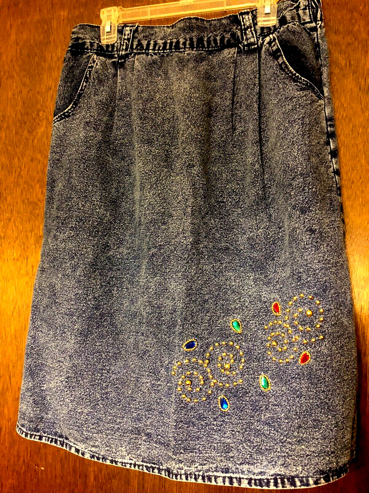 Womens Size L denim blue Beaded Pockets Skirt Elastic Waist 32-36” 1980’s