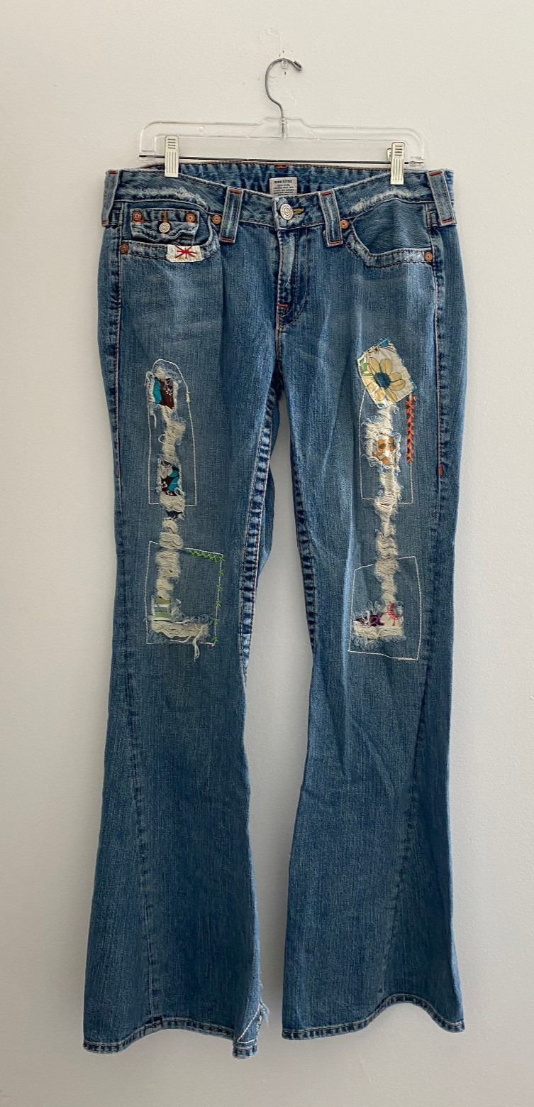 Vintage True Religion Low Rise Woodstock Flare Jeans sz 32 Distressed