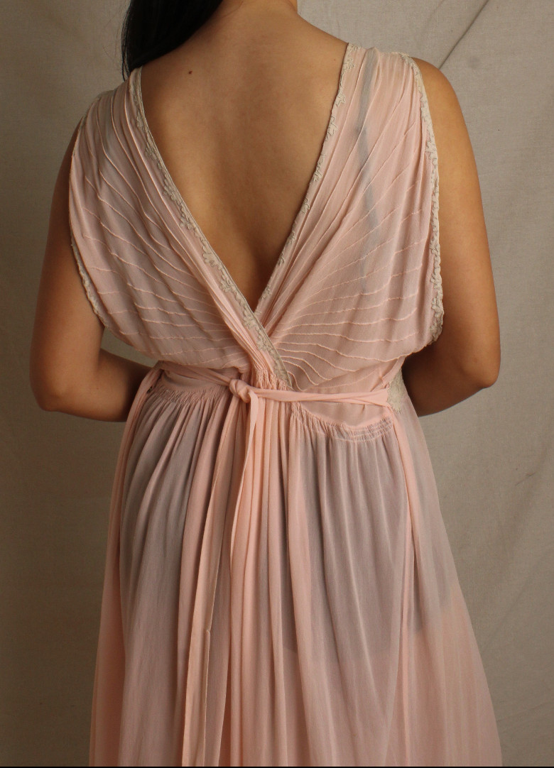 Vtg 30s Pleated Pink Silk Chiffon Lace Insertion Slip Dress Long Gown