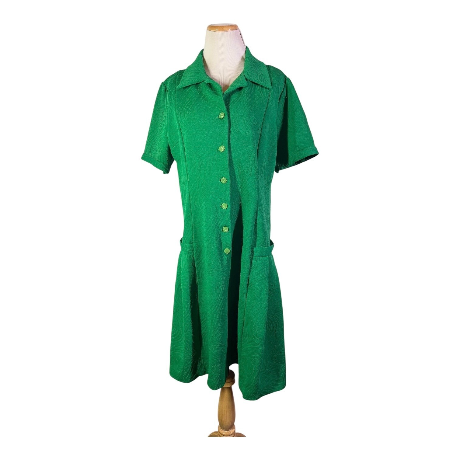 Vintage 70s Doubleknit Green Dress Button-Front Collared *Flaws