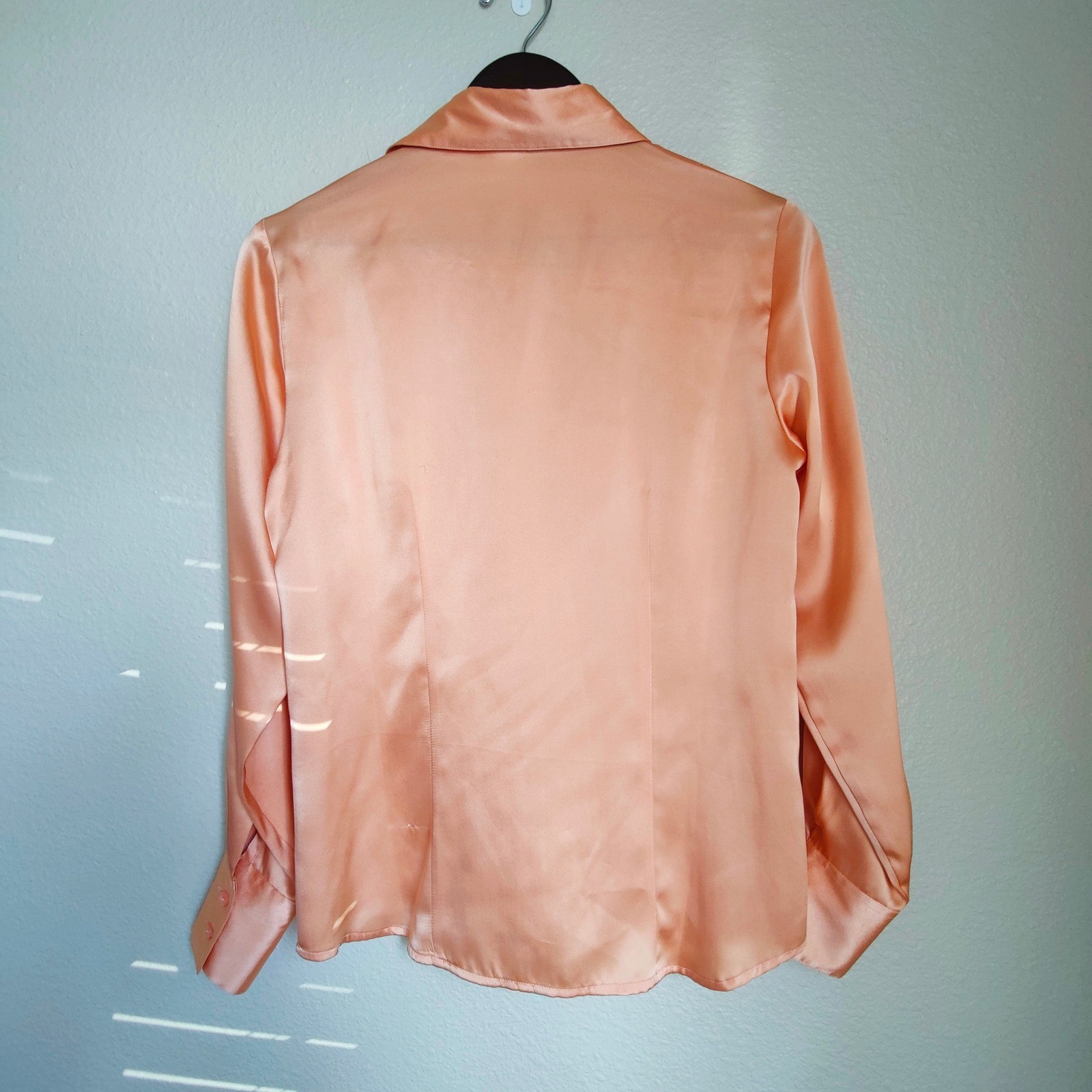 Vintage 90s 100% Silk Satin Button Down Blouse Pink Orange Tailored Womens 6