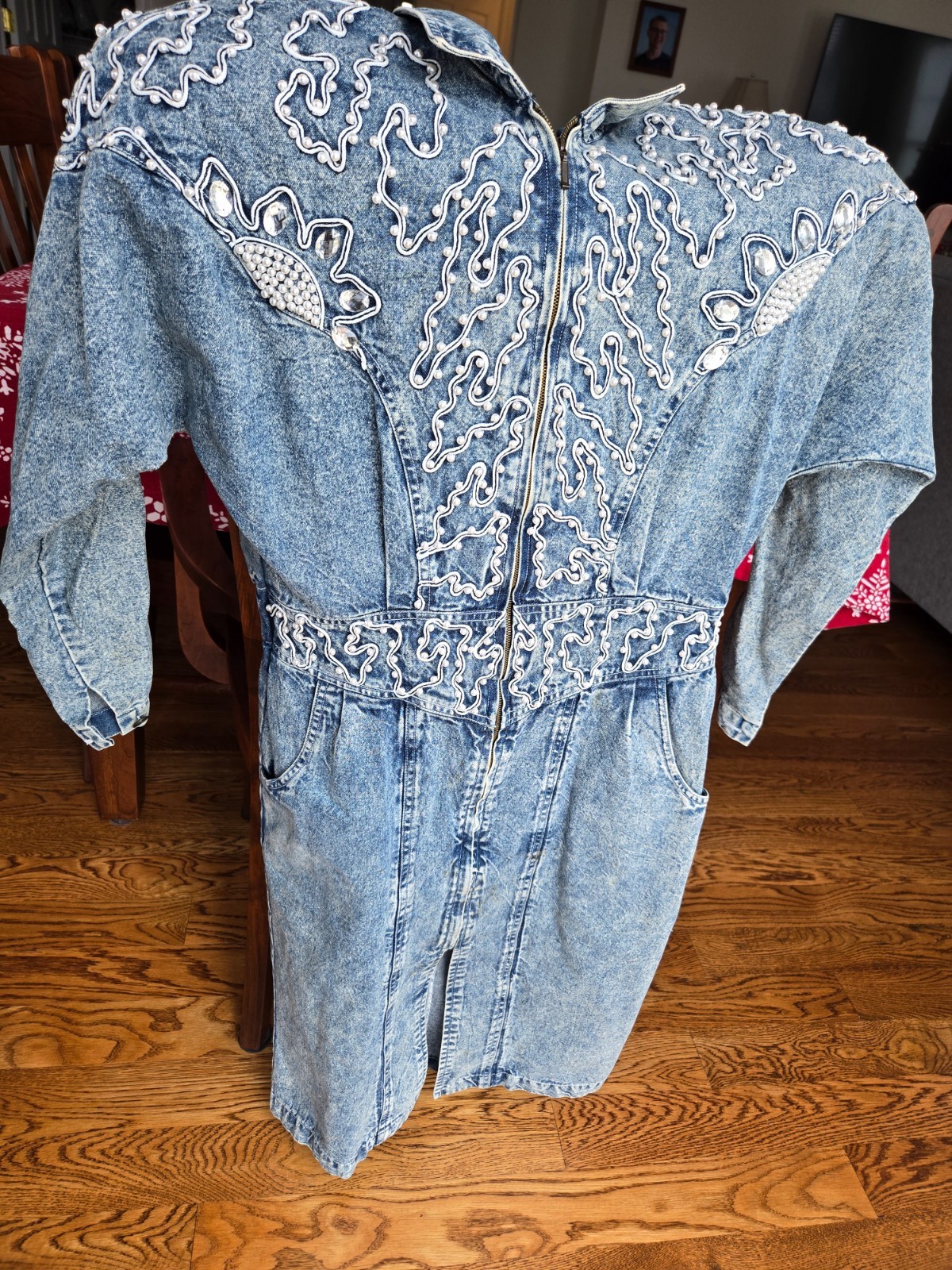 Vintage Stonewashed Denim Dress Pearl and Costume Jewel Embroidery Atelier – Med