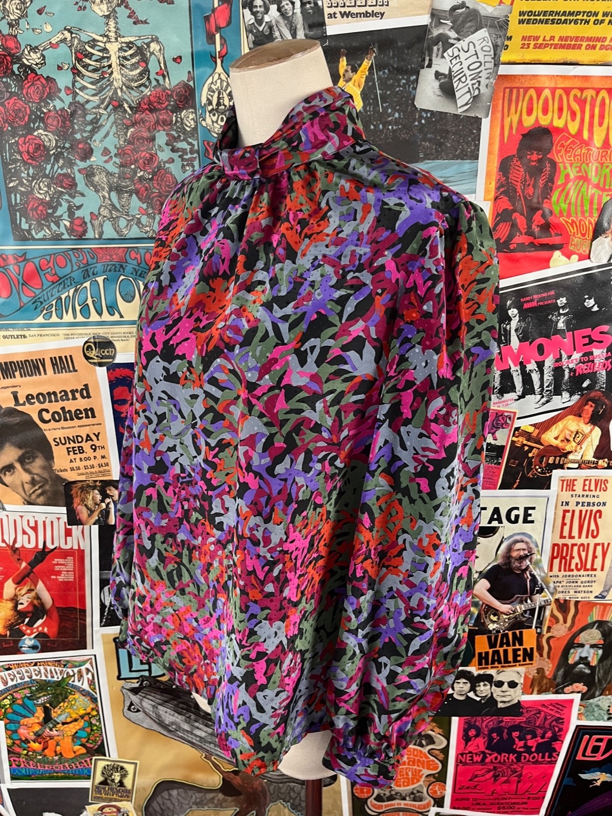 Vtg 90s Pink Multi-Color Abstract Print Long Sleeve Collared Blouse Top Medium